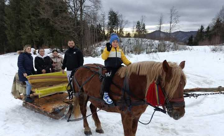 Turiști fericiți după o plimbare cu sania, trasă de iapa Karina